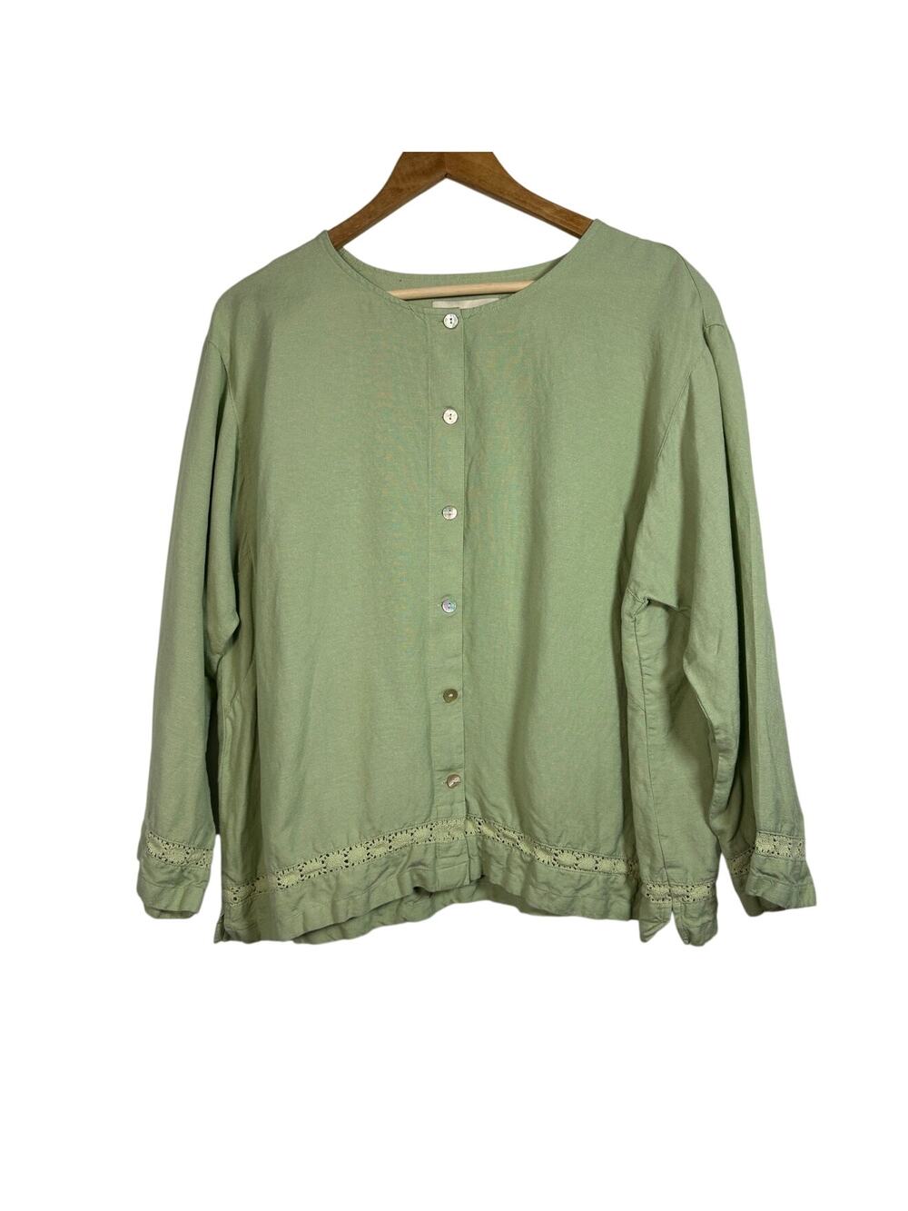 FIRST ISSUE Sage Green Linen Blend Button Front Blouse Boho Lace Trim Top XL